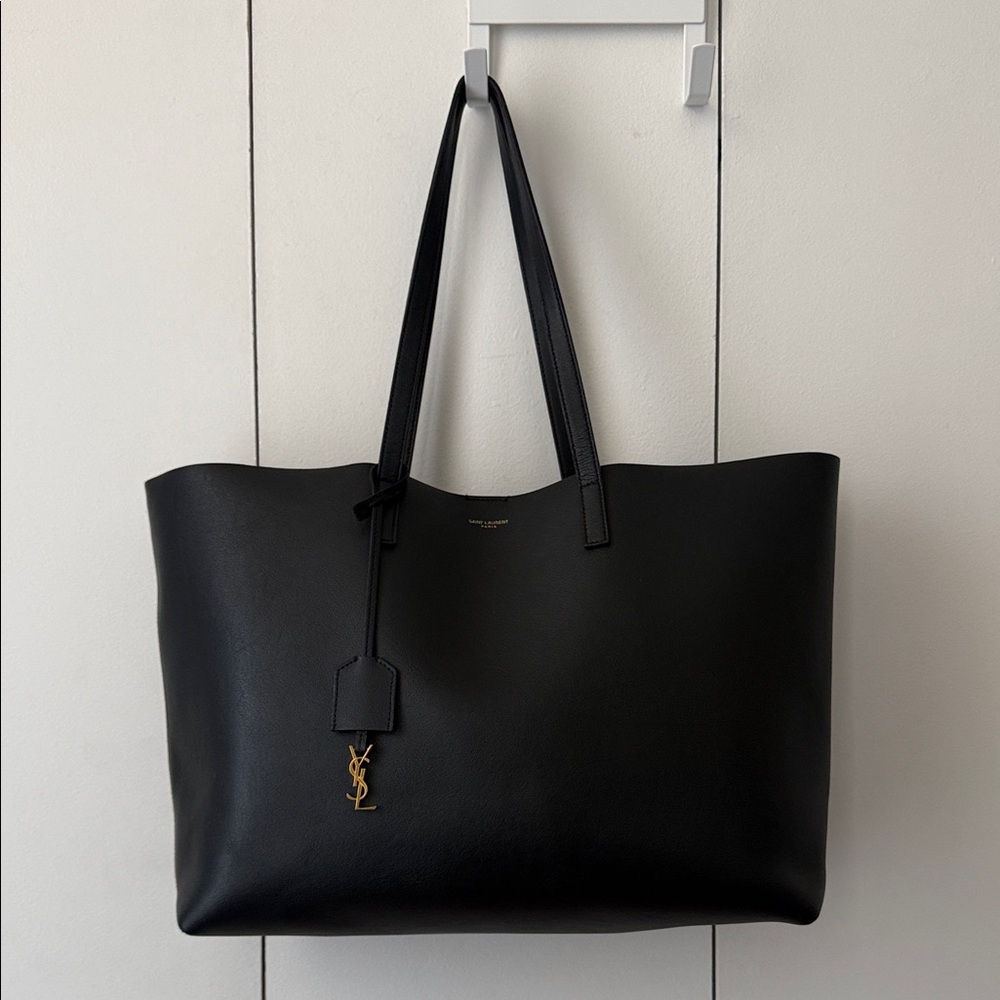 Authentic YSL Saint Laurent Black Leather Tote with Gold YSL Charm - Like New